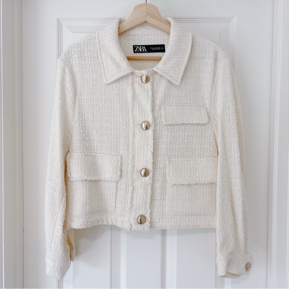 ZARA Cream white Textured Bouclé Button-Front Jacket